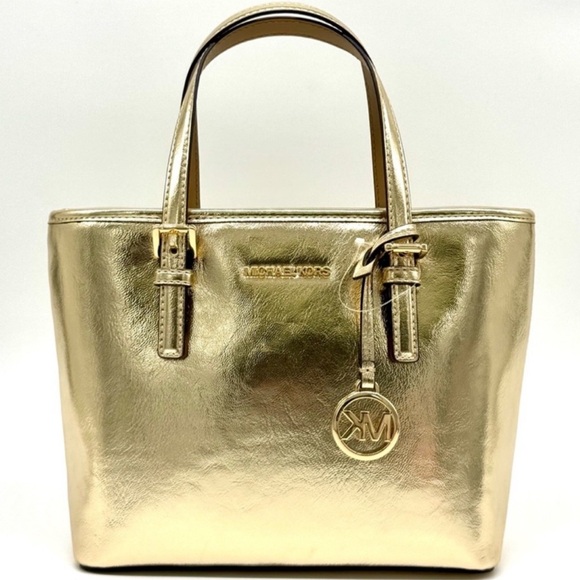 Michael Kors Jet Set Travel Extra-Small Logo Top-Zip Tote Bag Pale Gold - Picture 1 of 10